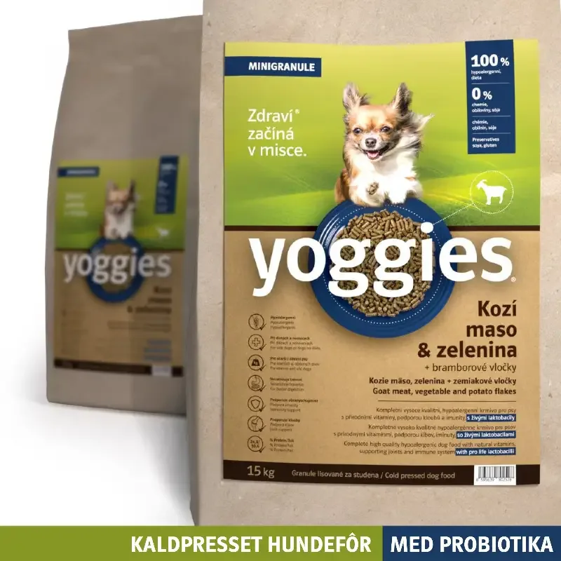 15 kg HYPOALLERGENISK – GEIT med probiotika MINI – kaldpresset hundefôr YOGGIES