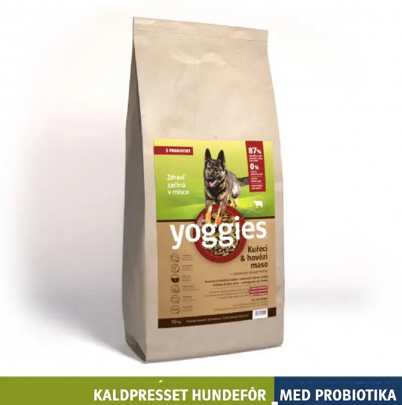 15 kg KYLLING & STORFE med probiotika – kaldpresset hundefôr YOGGIES