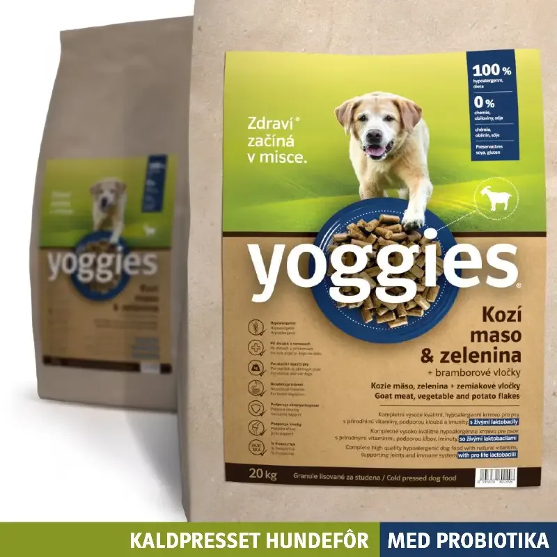 20 kg HYPOALLERGENISK – GEIT med probiotika – kaldpresset hundefôr YOGGIES