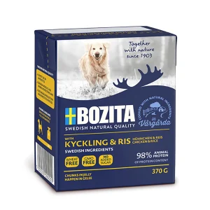 Biter i gel茅 m kylling og ris