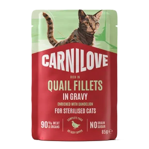Cat Pouch med saftig saus, rik p氓 vaktel og beriket med l酶vetann, for kastrerte katter