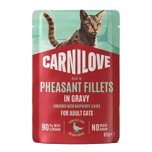Cat Pouch Saus med h酶yt innhold av fasan, beriket med bringeb忙rblader
