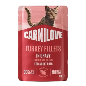 Cat Pouch Saus med h酶yt innhold av kalkun, beriket med valerian
