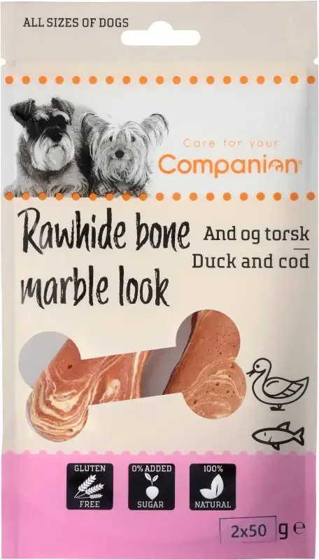 Companion – Kjøttpakket råhud bein – And & torsk, 2 x 50g
