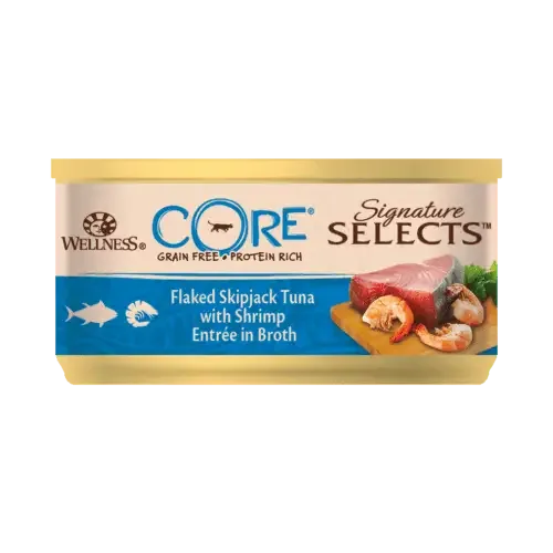 Core Adult Cat Signature Selects Flaked Skipjack Tuna with Shrimp Entrée in Broth