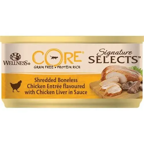 Core Adult Cat Signature Selects Shredded Boneless Chicken Entrée Flavoured with Chicken Liver in Sauce