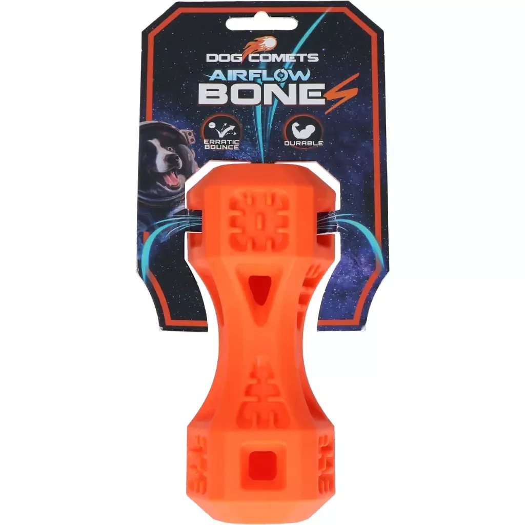 Dog Comets Airflow Bone Oransje S (15 cm) – Slitesterkt gummibein til hund med luftehull
