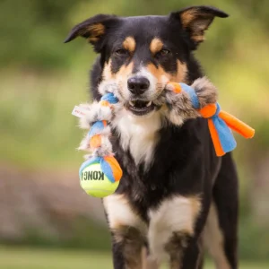 Doggie-Zen fleece- og kaninpelsflette med KONG Air pipeball M