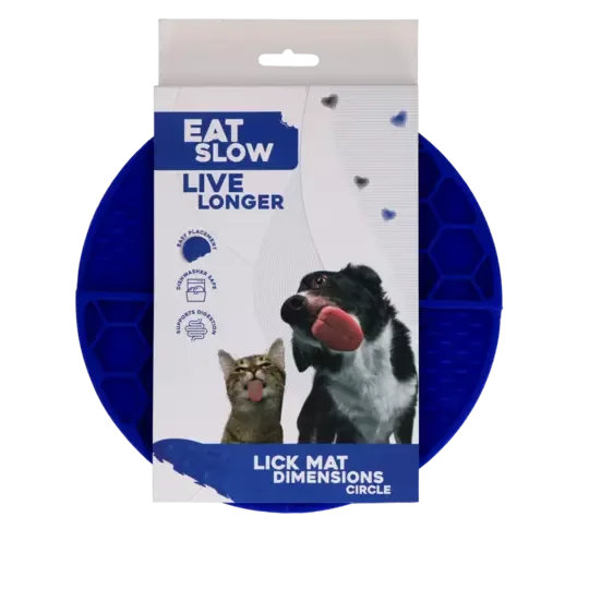 Eat Slow Live Longer Lick Mat Dimensions Circle Blå – Rund slikkematte med sugekopper