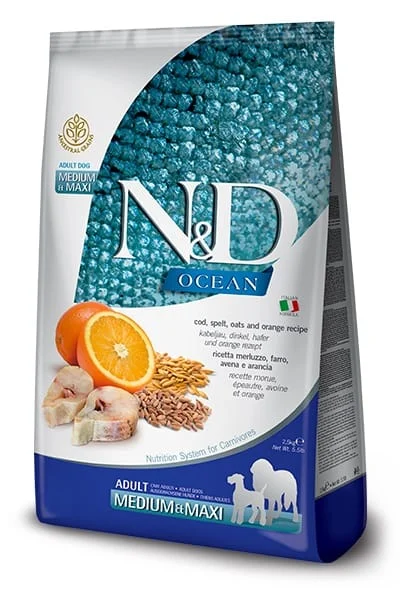 Farmina N&D Dog Ocean Cod, Spelt, Oats & Orange Adult Medium & Maxi 12kg
