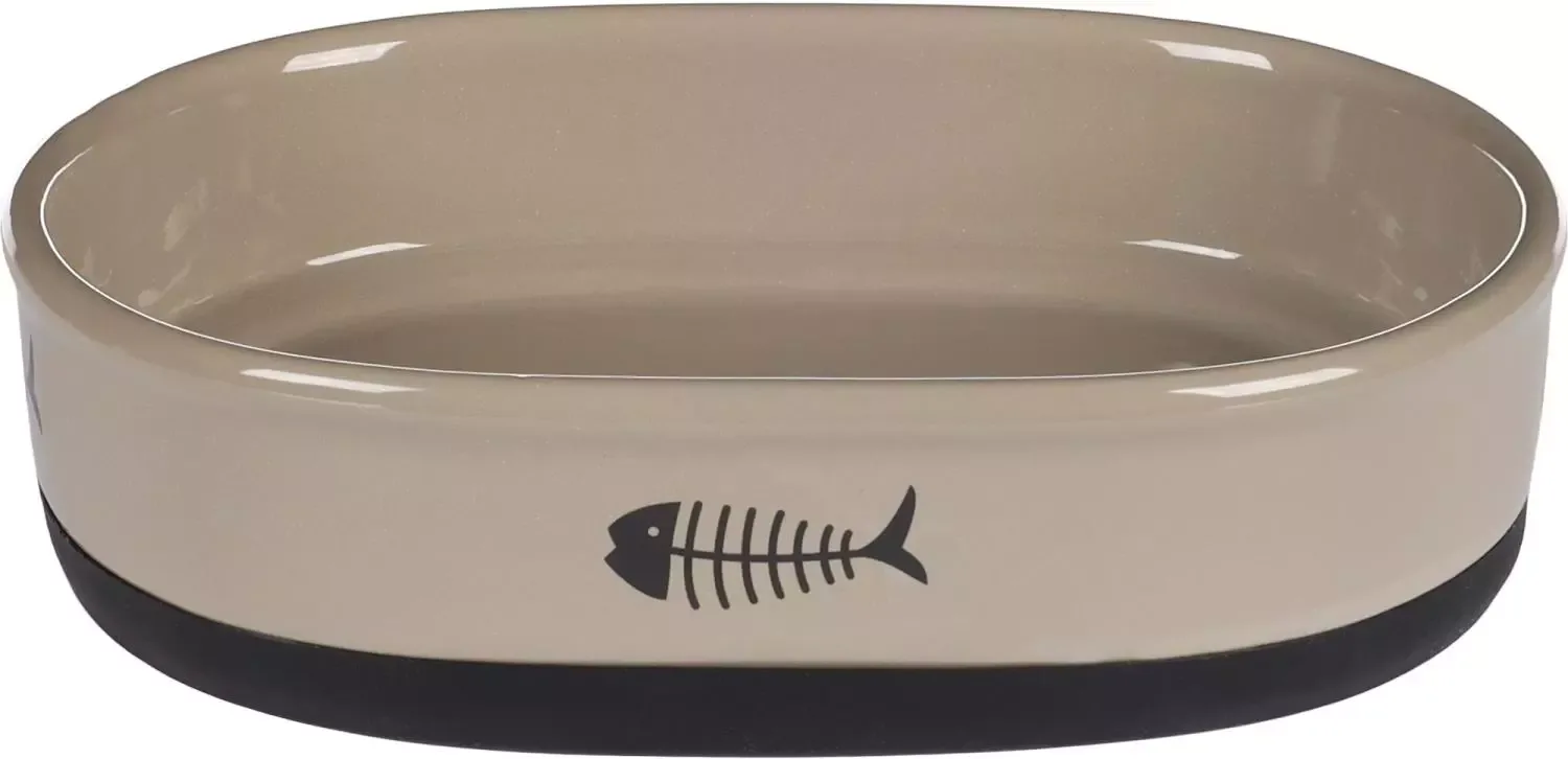Feeding And Drinking Bowl Cat Auri Ceramic Taupe Oval Antisl