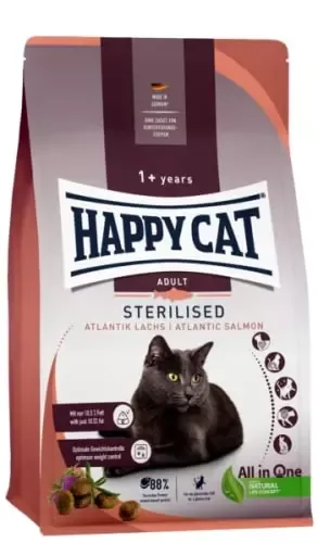 Happy Cat Sterilisert Adult Laks 10 kg – Lavfett 10,5% for Kastrert Katt (Hårballkontroll)