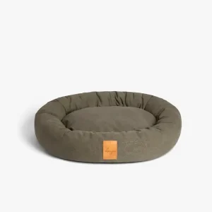 Hundeseng Classic Donut, Desert Green med Lærdetalj – Denjo Dogs