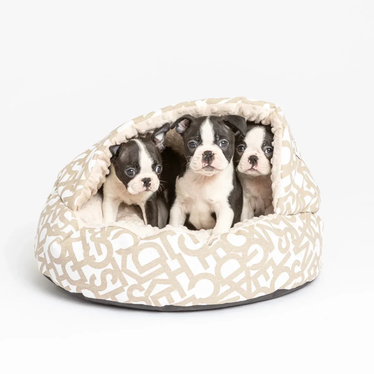Hundeseng – rund hule/ sovepose til hund og katt – beige bokstaver