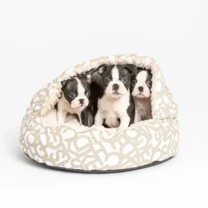 Hundeseng – rund hule/ sovepose til hund og katt – beige bokstaver