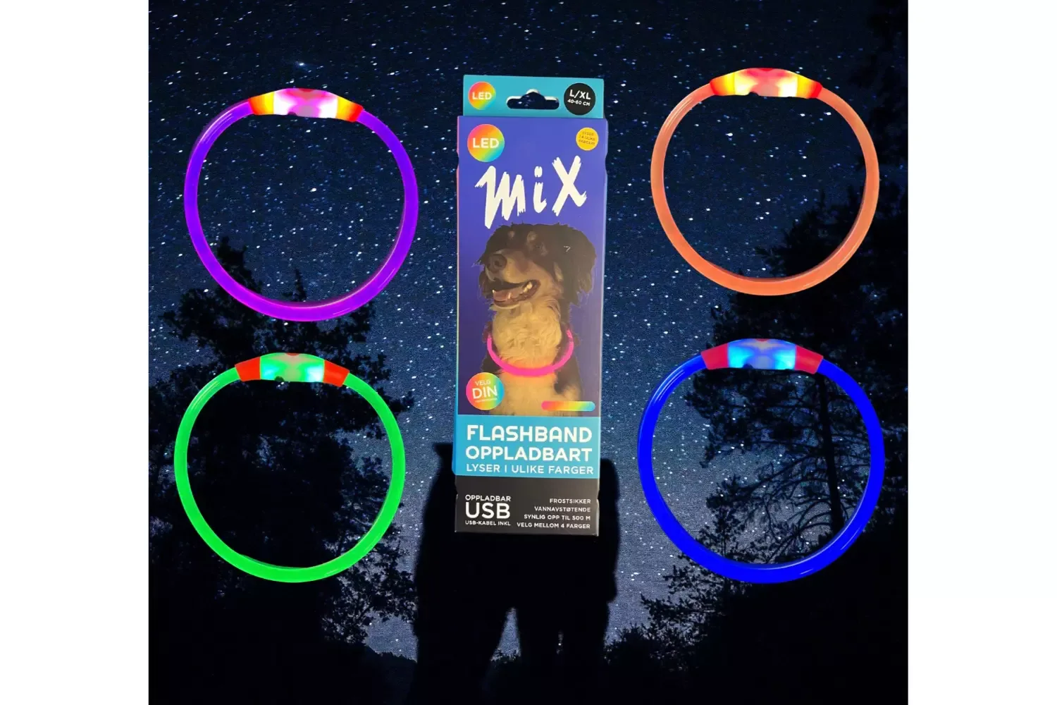 Lysende Halsbånd MIX Multi Color M/USB Lader L/XL 40-60cm