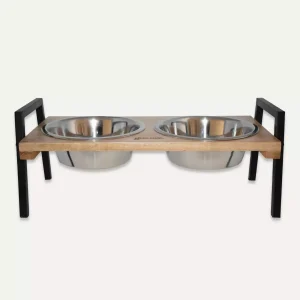 Mango Wood & Metal Double Feeder with Stainless Steel Bowls S