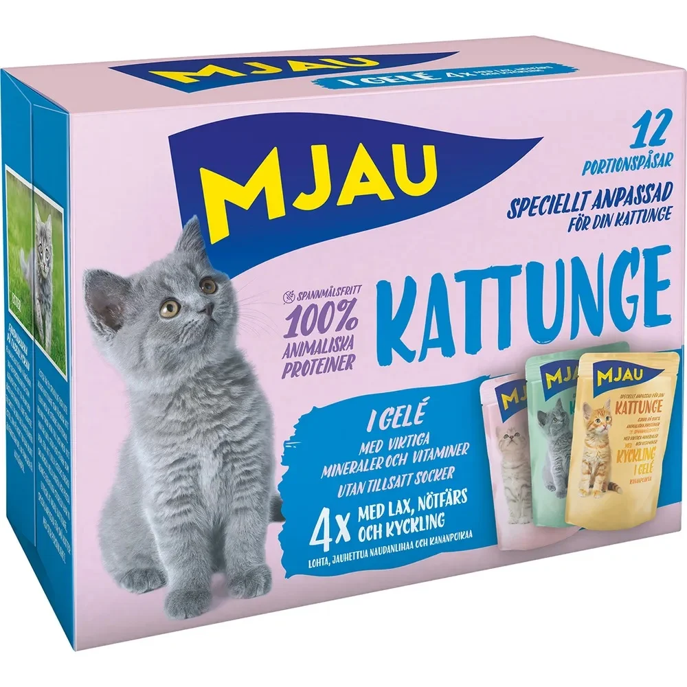 Mjau Pouch Multipack Kattunge – Laks, Storfe og Kylling (12 × 85 g) - Image 2