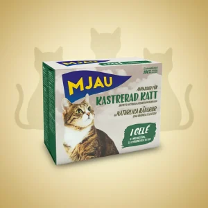 Mjau Våtfôr i porsjonsposer for kastrerte katter, Multibox – i gelé (8x85g)