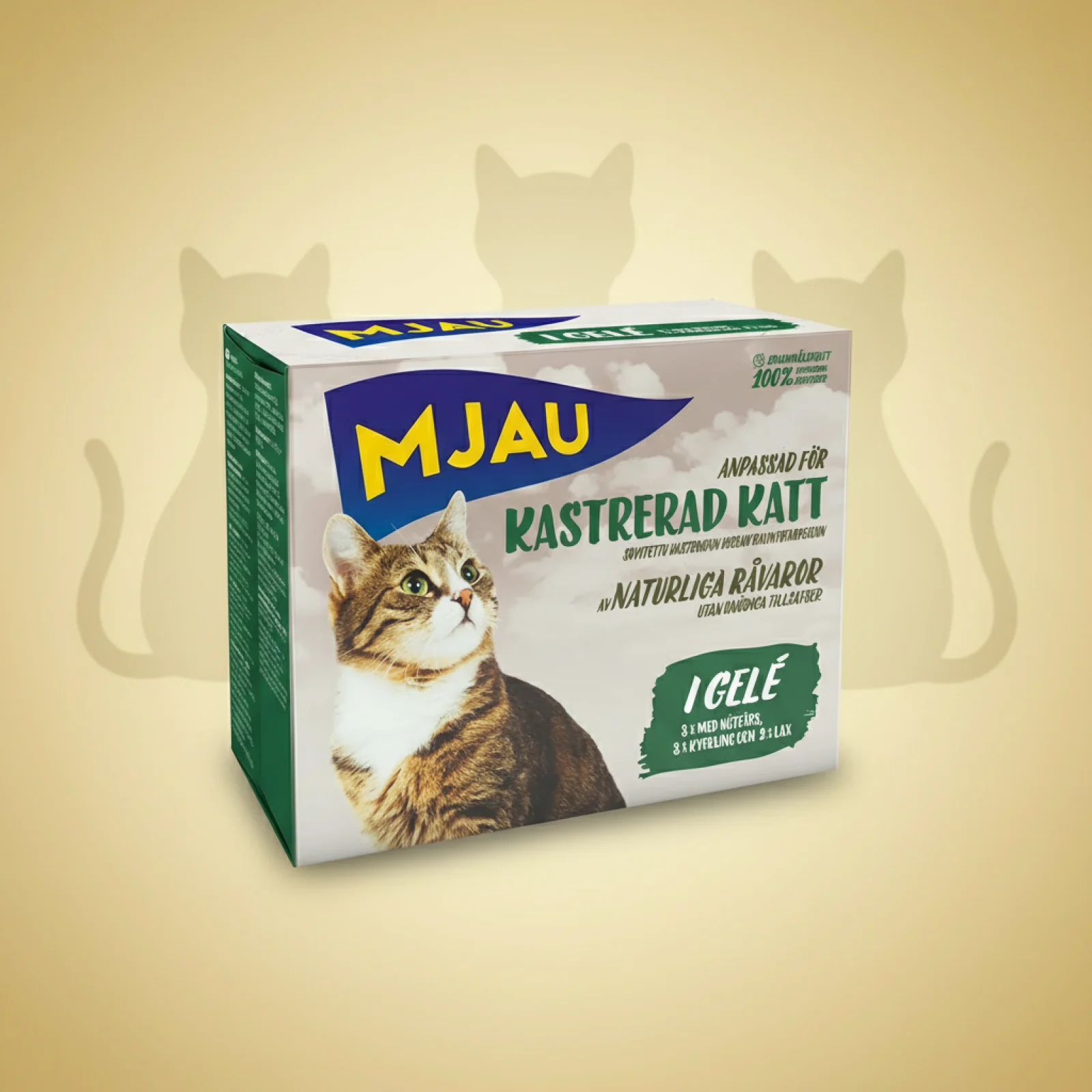 Mjau Våtfôr i porsjonsposer for kastrerte katter, Multibox – i gelé (8x85g)