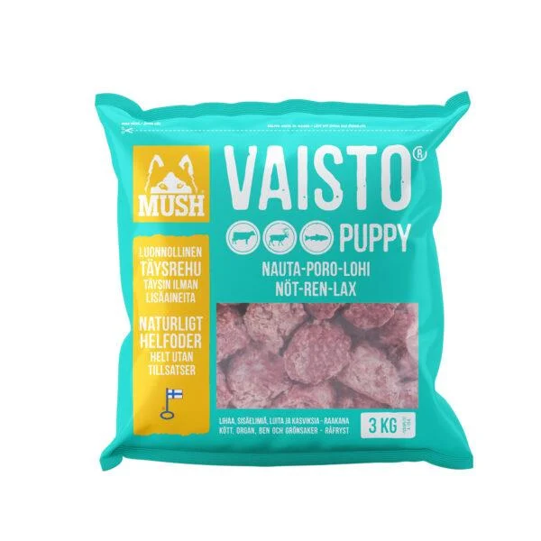MUSH Vaisto Isblå Puppy Storfe, Rein og Laks 3kg Kjøttboller