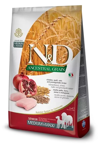 N&D ANCESTRAL GRAIN DOG CHICKEN, SPELT, OATS & POMEGRANATE SENIOR MEDIUM & MAXI 12 KG