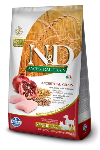 N&D ANCESTRAL GRAIN DOG CHICKEN, SPELT, OATS & POMEGRANATE SENIOR MINI 2,5KG