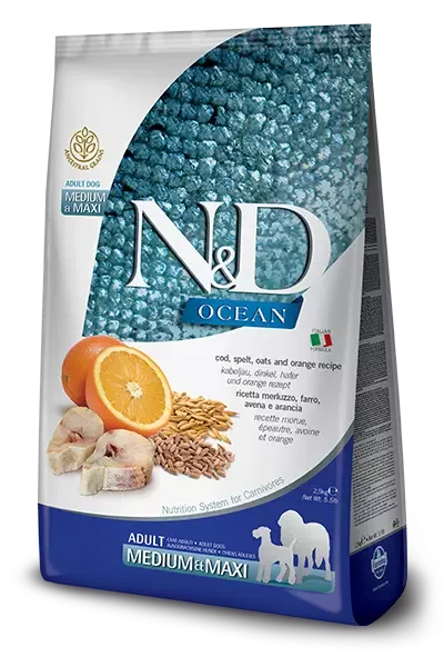 N&D Ocean Dog Cod, Spelt, Oats & Orange Adult Medium & Maxi 12 Kg