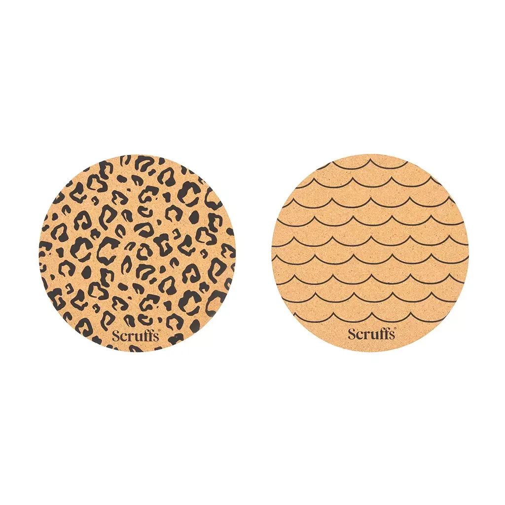 Scruffs Rundt Matskål underlag i KORK (sett m/2stk) Bølge & Leopard print ø25cm