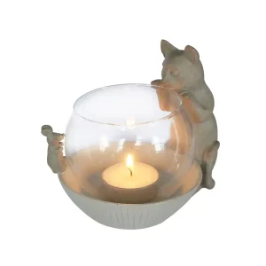 Tealightholder Cat with glass Beige