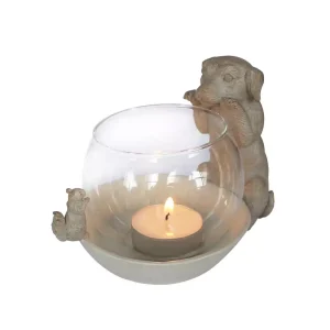 Tealightholder Dog with glass Beige