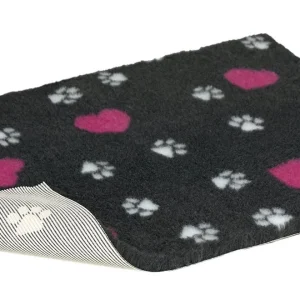 VetBed Nonslip Charcoal m/hvite poter & rosa hjerter 100x75cm