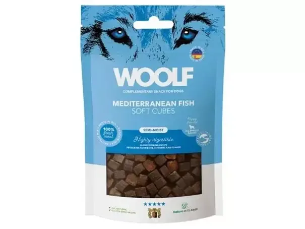 Woolf Soft Cubes Mediterranean fisk 100g – Naturlige og myke hundegodbiter med 85% fersk hvitfisk