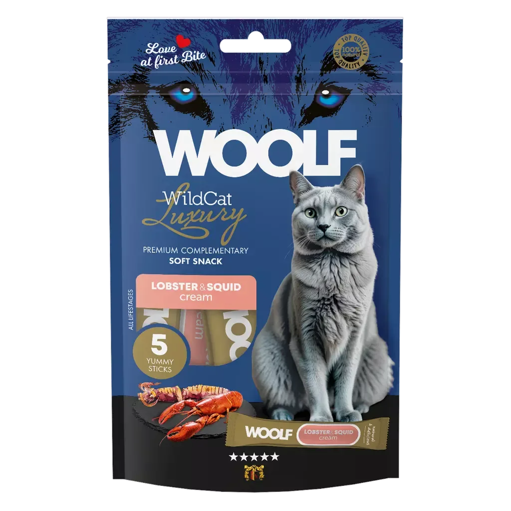 Woolf Wildcat Cream Luxury Hummer og Blekksprut 5pk – Flytende kattegodbit og topping