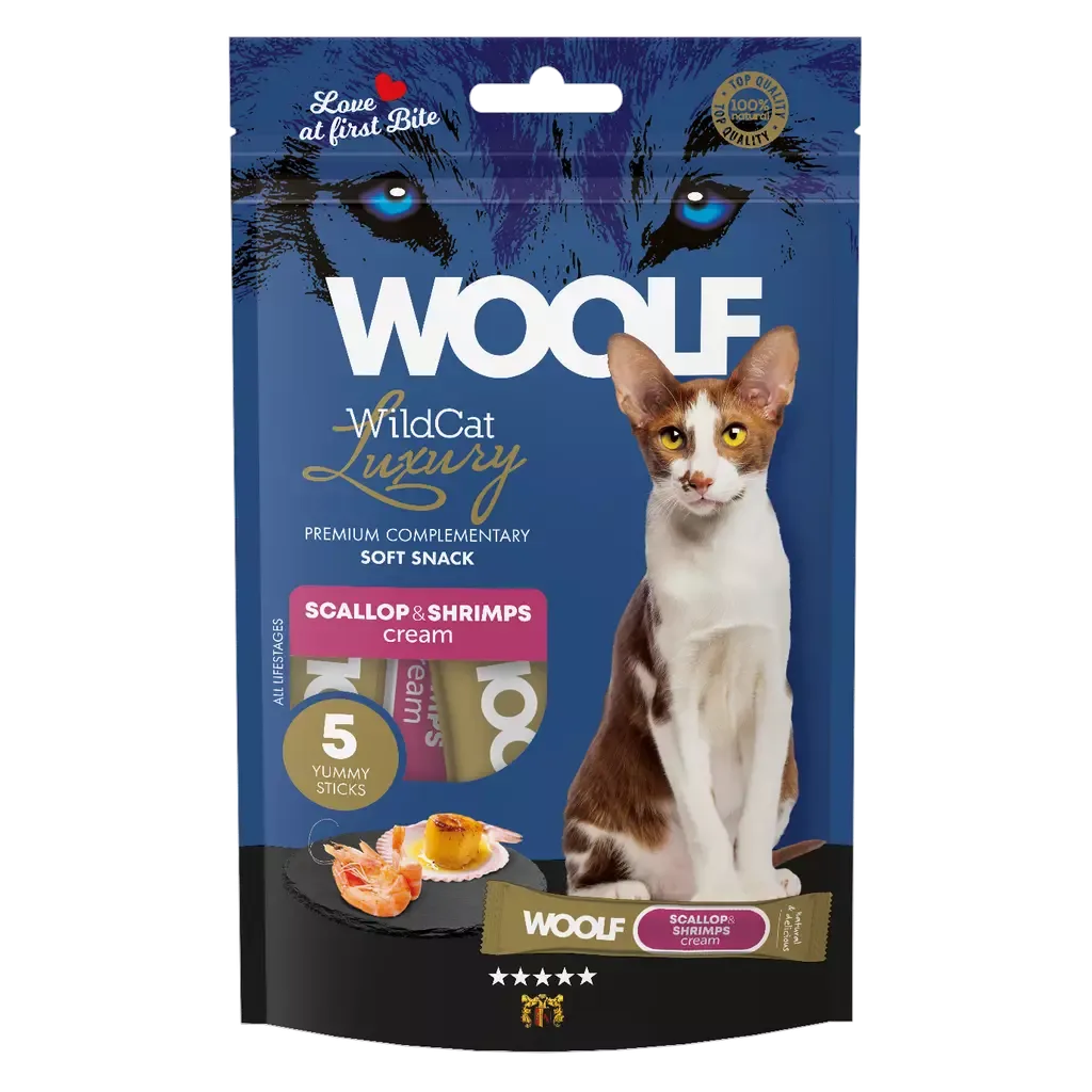 Woolf Wildcat Cream Luxury Kamskjell og Reker 5pk – Flytende kattegodbit og topping