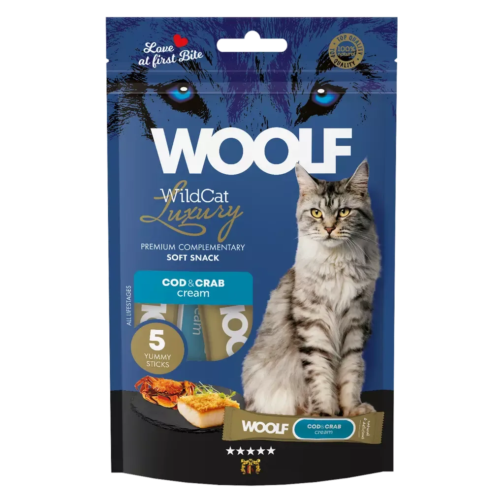Woolf Wildcat Cream Luxury Torsk og Krabbe 5pk – Flytende kattegodbit og fôrtopping