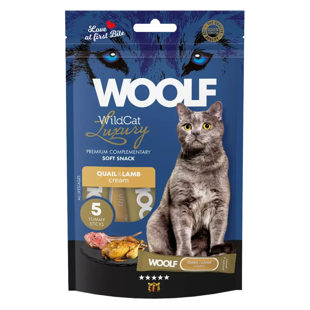 Woolf Wildcat Cream Luxury Vaktel og Lam 5pk – Flytende kattegodbit og fôrtopping