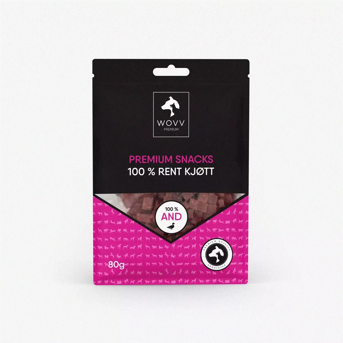 WOVV Godbiter av And ,80g. – Kornfrie og små biter til hund